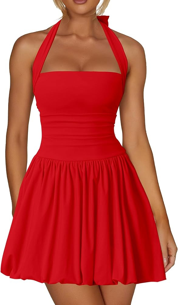 Kaximil Women's Sexy Halter Corset Mini Dress Bubble Ruched Waist Club Party Dresses with Built-i... | Amazon (US)