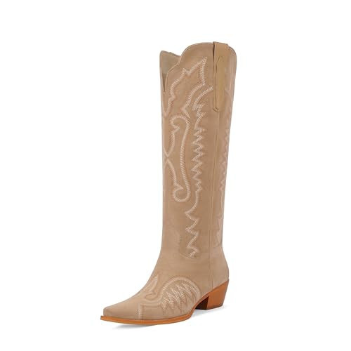 Easyfox Suede Cowboy Boots Retro Camel Knee High Embroidery Cowgirl Boots Square Toe Low Chunky Heel Tall Western Boots for Women Size 9 | Amazon (US)
