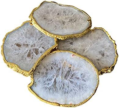 Natural Sliced White Agate Coasters for Drinks. Set of 4 Stone Geode Crystal Coasters with Plated Ed | Amazon (US)
