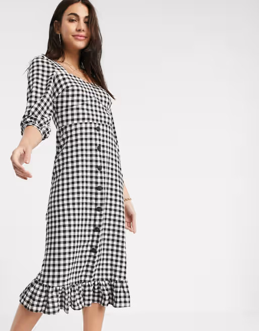 Warehouse gingham square neck peplum dress in black | ASOS US