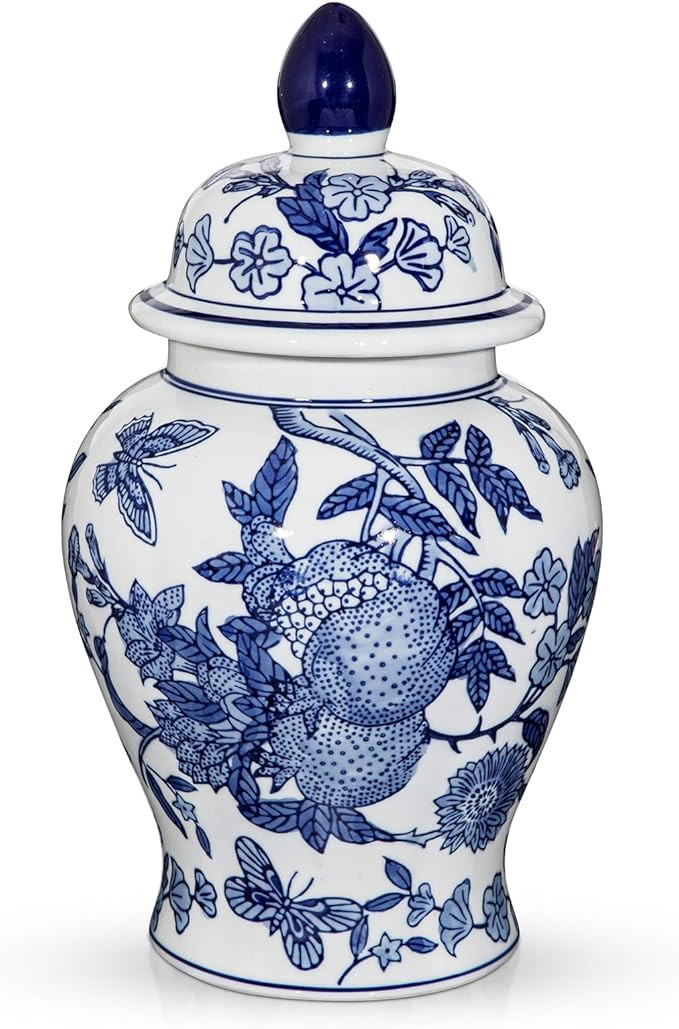 Blue and White Vase Ginger Jar - 12" Chinoiserie Decor Large Ginger Jar Blue & White Porcelain Fl... | Amazon (US)
