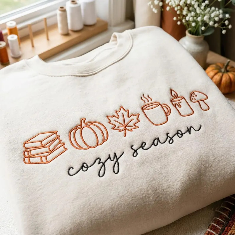 Embroidered  Cozy Season Icon Sweatshirt, Pumpkin Coffee Book Shirt, Cozy Season Crewneck, Book L... | Etsy (Global)