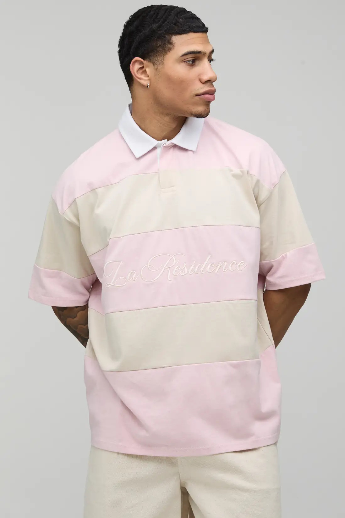 Pink Oversized La Residence Embroidered Stripe Rugby Polo | BOOHOOMAN | boohooMAN (DE, IE & UK)