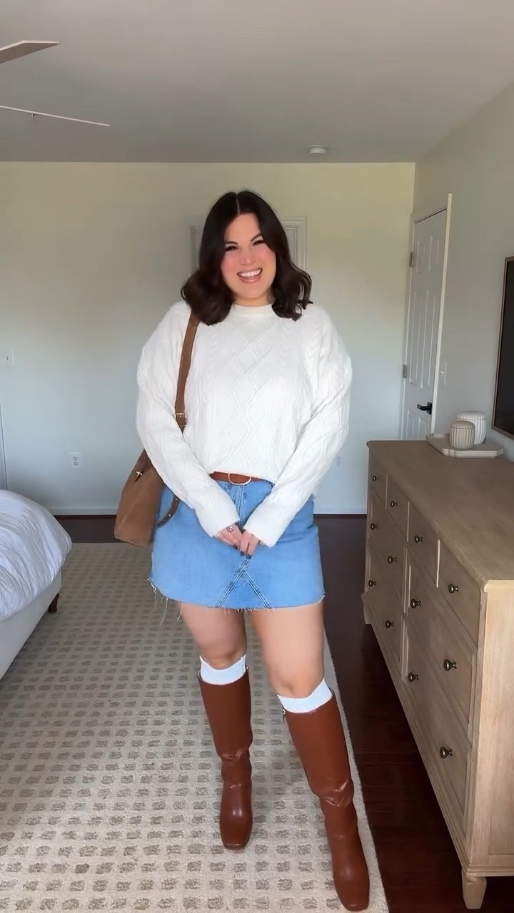 Midsize fall outfit! Can’t remember the last time I wore a mini denim skirt but ahh I’m so happy to see they are so in right now! And I love them for fall with some boots + a sweater 🥰

Bralette + skirt : xl 
Sweater : large (fits oversized) 
Boots : 10 
*similar belt

#LTKTall #LTKSeasonal #LTKMidsize
