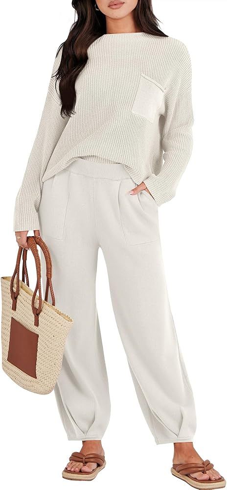 Caracilia Womens 2 Piece Outfits Sweater Sets Long Sleeve Knit Tops and Loose Pants Classy Matchi... | Amazon (US)