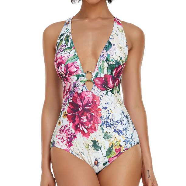LIORA Women’s One Piece Swimsuits Floral Print Bathing Suits for Women Deep V Neck with Front a... | Walmart (US)