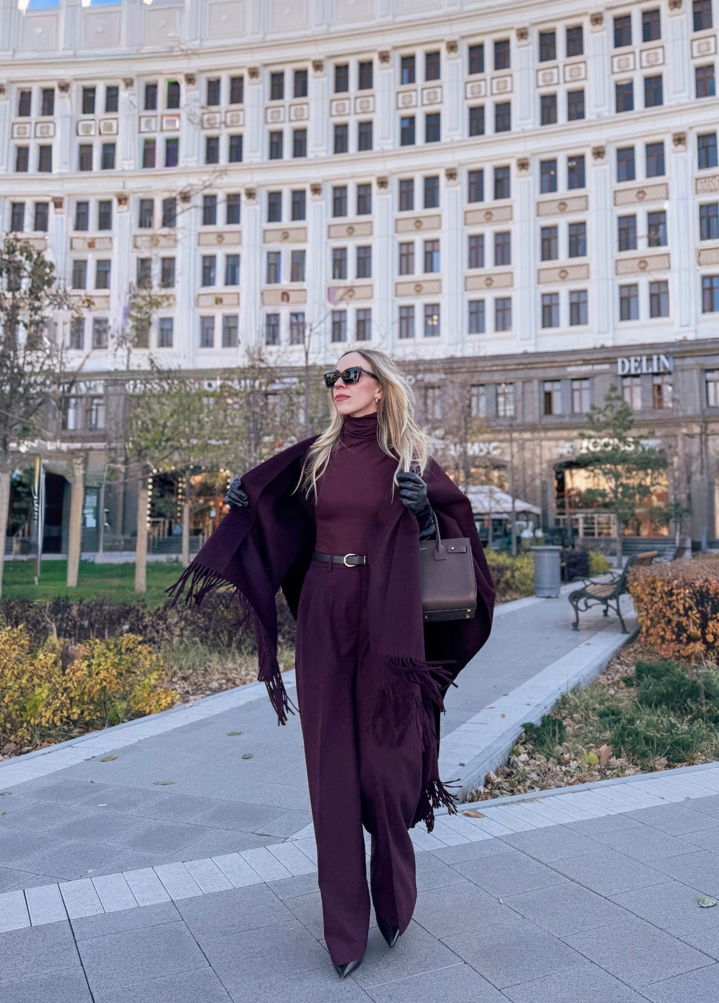 Monochrome burgundy outfit, burgundy wool cape, long brown leather gloves, burgundy red trousers, fall workwear 

#LTKFindsUnder100 #LTKWorkwear #LTKSeasonal