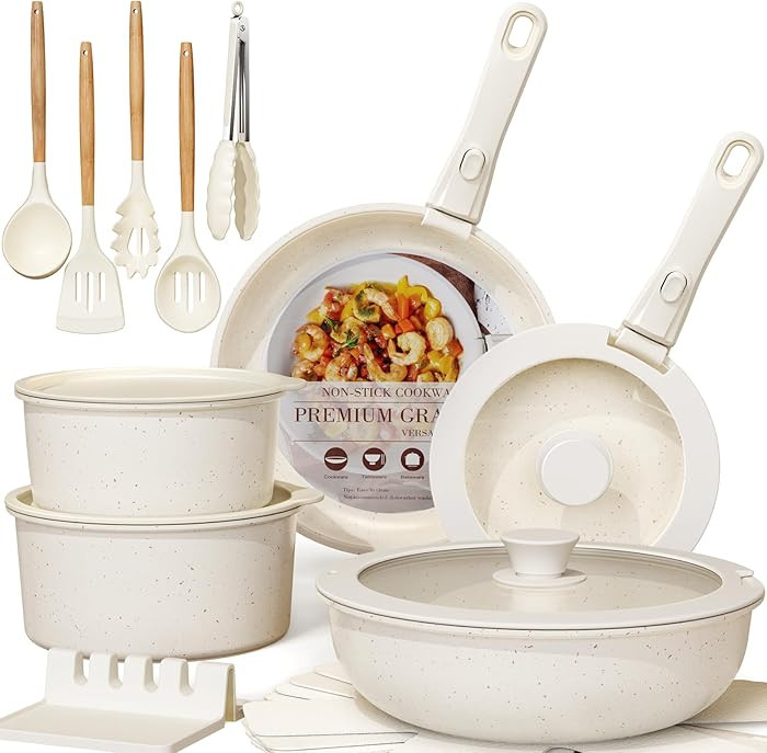 Astercook Ceramic Non-stick Cookware 21 Pcs Pots and Pans Set, Detachable Handle, RV Kitchen Non ... | Amazon (US)