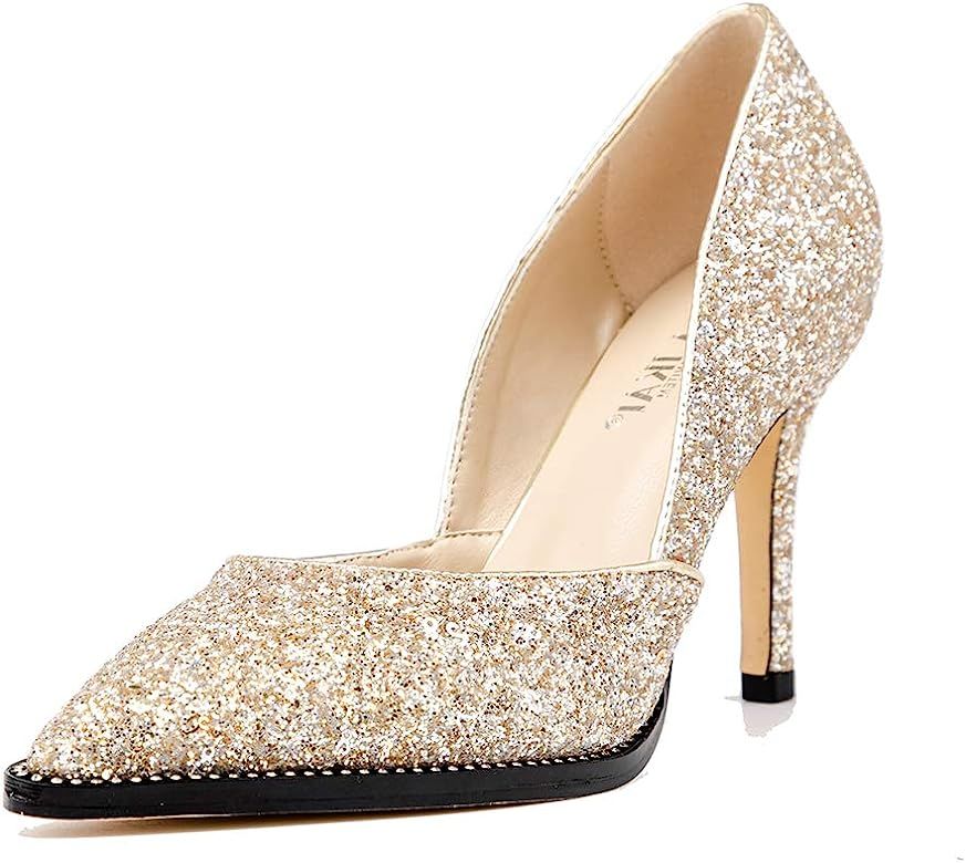 Women’s Pointed Toe Pumps Gold Glitter High Heels with Rhinestone Stiletto Wedding Party Dress ... | Amazon (US)