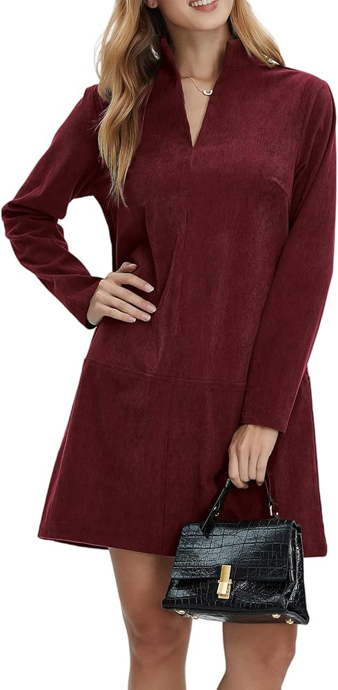 Women Corduroy Dress V Neck Long Sleeve Casual Vintage Retro A Line Mini Dresses | Amazon (US)