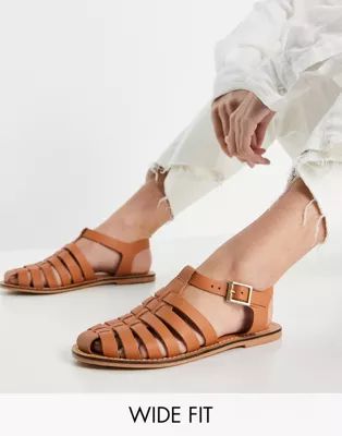 ASOS DESIGN Wide Fit Marina leather fisherman flat shoes in tan | ASOS (Global)