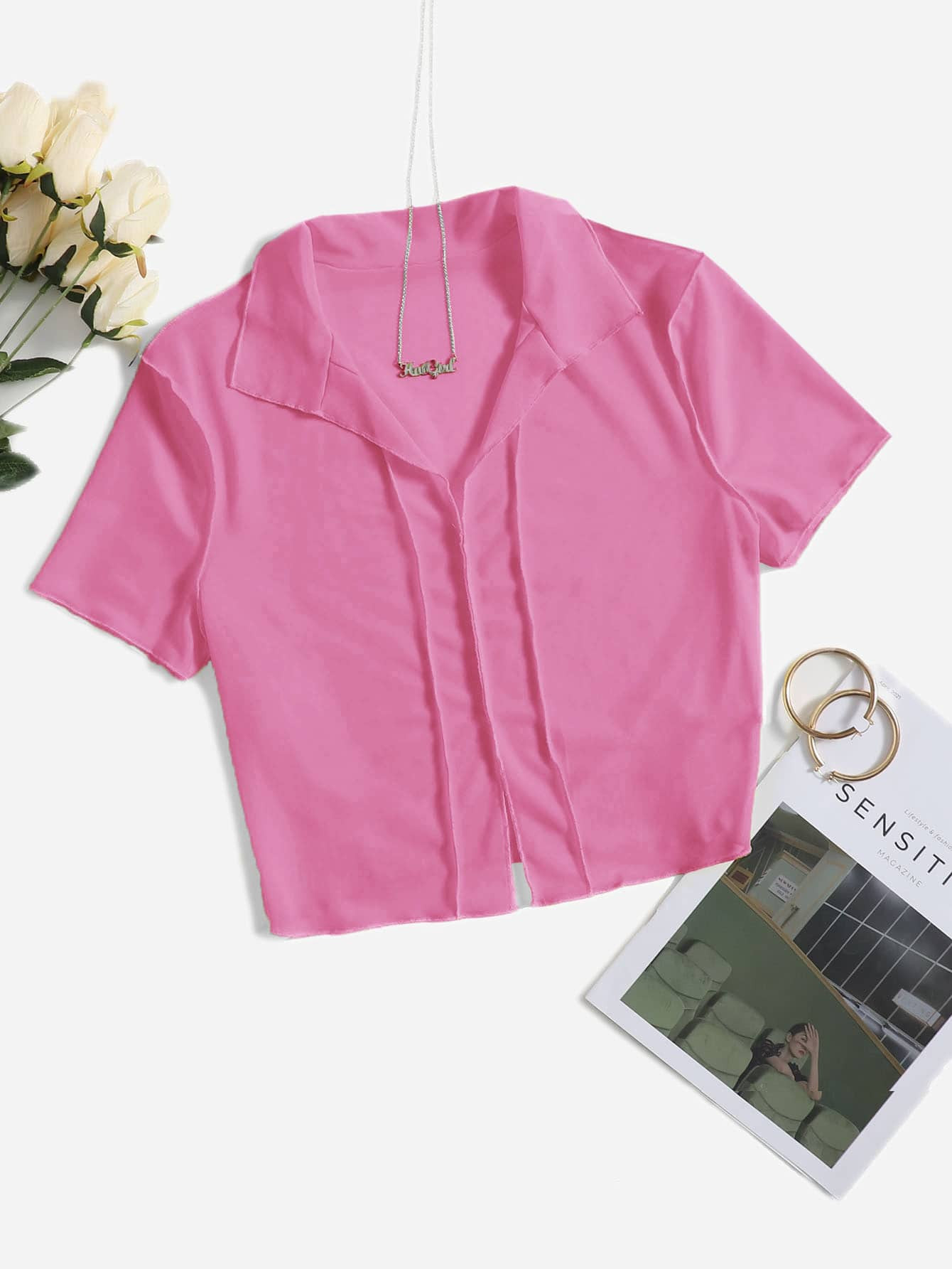 SHEIN Lettuce Trim Solid Mesh Top | SHEIN