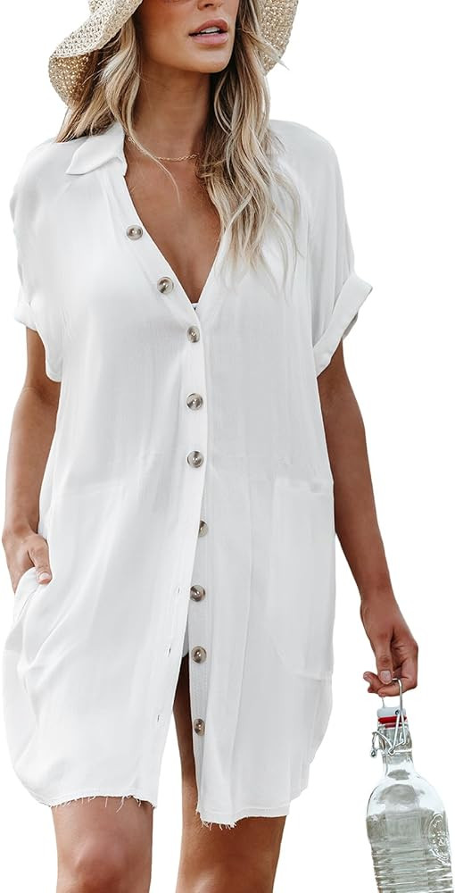 CUPSHE Women's Button Front Swimsuit Coverup Casual Beachwear Short Sleeve Collared Beach Shirt D... | Amazon (US)