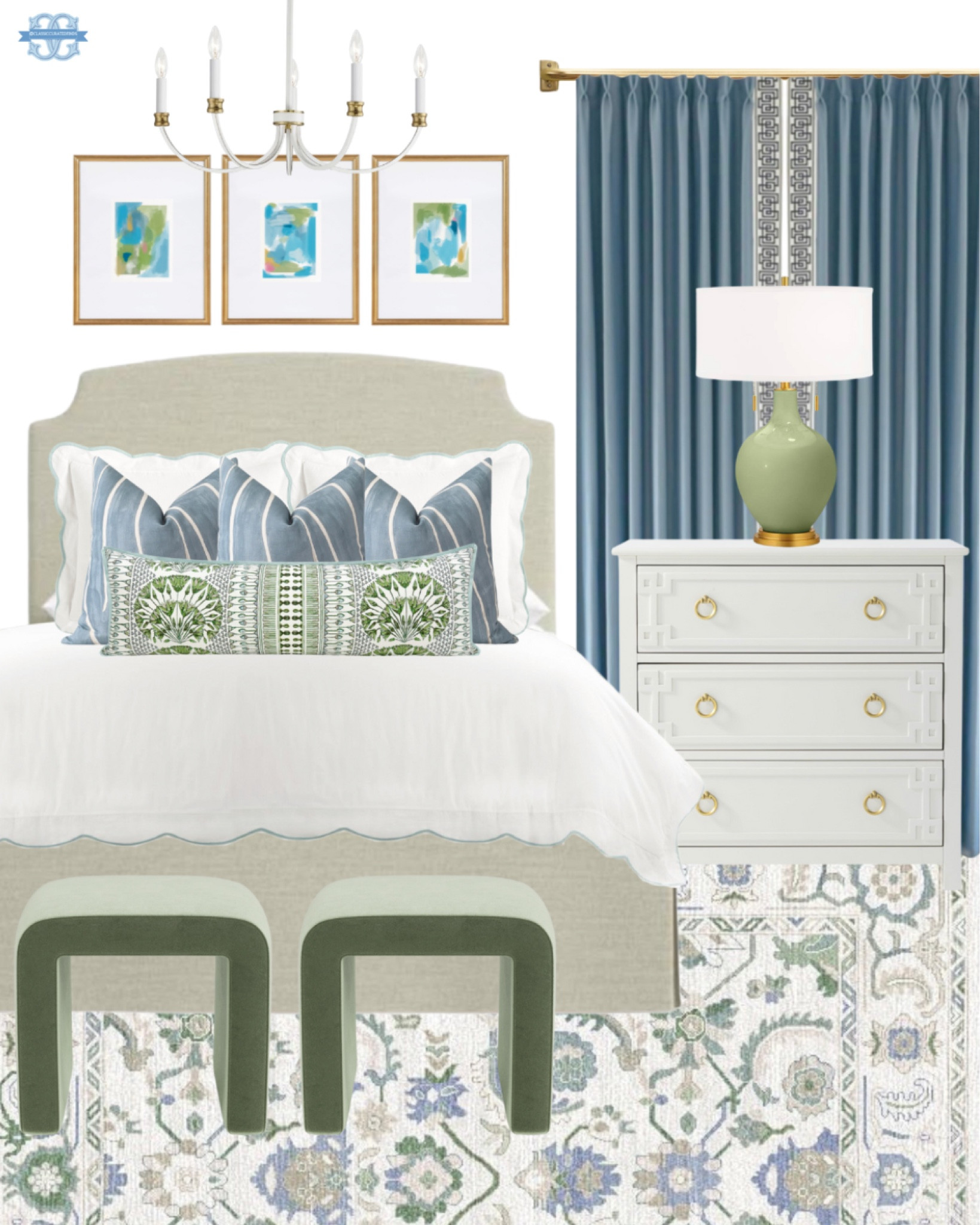 Blue & green bedroom inspo💚💙

Home Decor, Grandmillennial, Bedroom Decor. Throw Pillows, Bedding, Scalloped Duvet, Nightstand, Lamp

#LTKhome