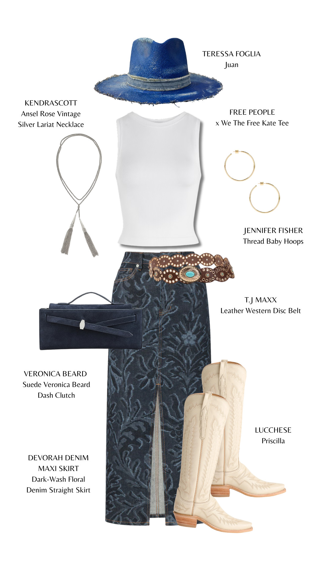 Denim maxi, a crisp tee, and classic cowboy boots — effortless western style with a modern touch.

#WesternStyle #DenimMaxiSkirt #CowgirlChic #ModernWestern #CowboyBoots #WesternOutfit #DenimLook #EffortlessStyle #CasualWestern #EverydayChic 🤍👢✨ 

 #LTKgrwm #LTKootd #LTKTravel