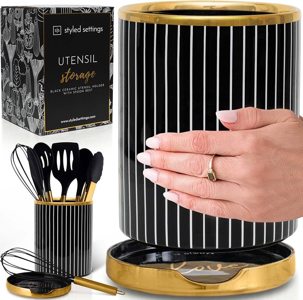 Styled Settings Black and Gold Utensil Holder with Built-in Spoon Rest - 2 PC Large Ceramic Utens... | Amazon (US)