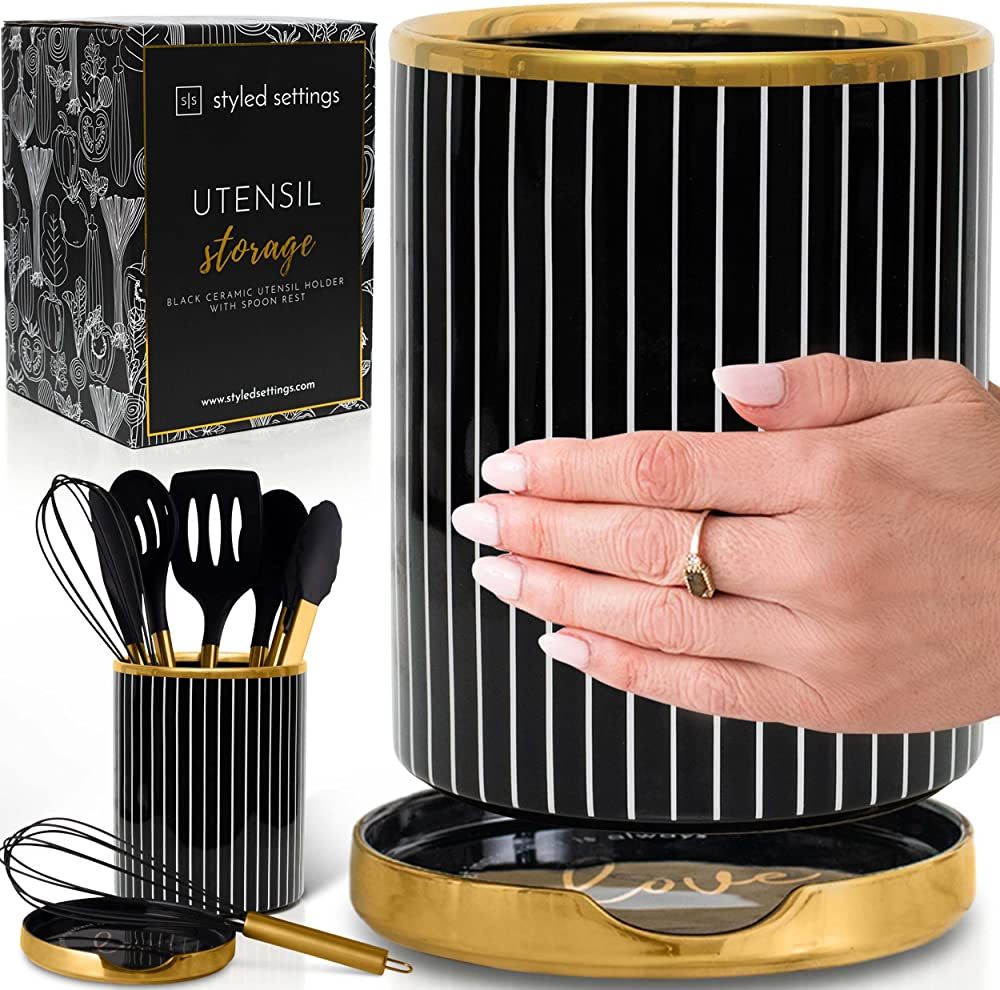 Styled Settings Black and Gold Utensil Holder with Built-in Spoon Rest - 2 PC Large Ceramic Utens... | Amazon (US)