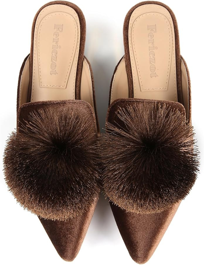 Fericzot Slip On Mule Backless Loafers Flats Puff Pompom Pointed Toe Casual Shoes Slippers | Amazon (US)