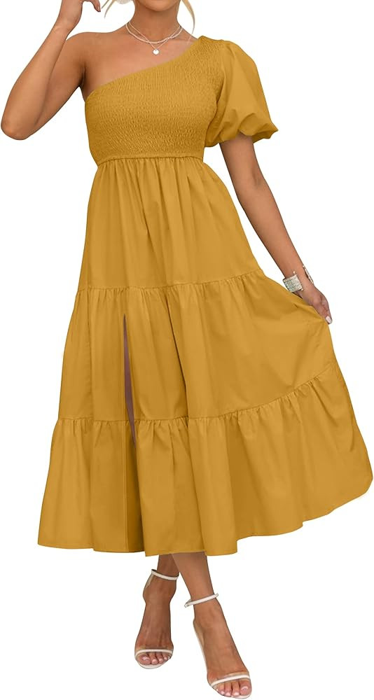 ZESICA Women's 2024 Boho Summer One Shoulder Short Sleeve Smocked Side Split Ruffle Swing Midi Dr... | Amazon (US)