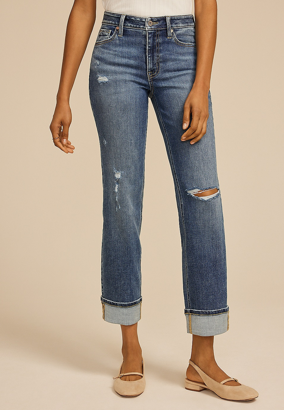 edgely™ High Rise Cuffed Hem Relaxed Straight Jean | Maurices