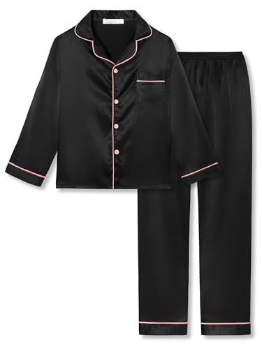 Topgal Silky Satin Pajamas for Little & Big Girls Kid's 2 Piece Long Sleeves Pants Black Lovely Sleepwear Set Size 16 | Amazon (US)