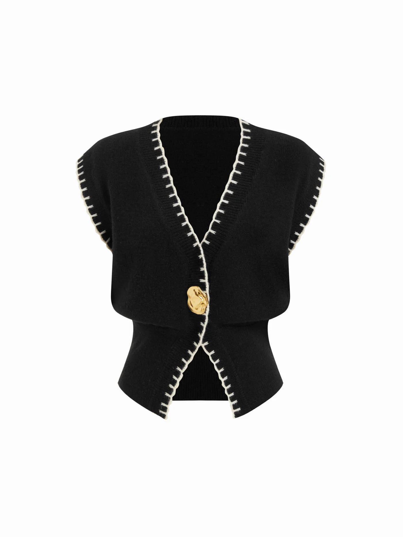 Knit Fabric Knit Collarless Contrasting Binding Metal Detail Vest For Daily Casual Work | Cider