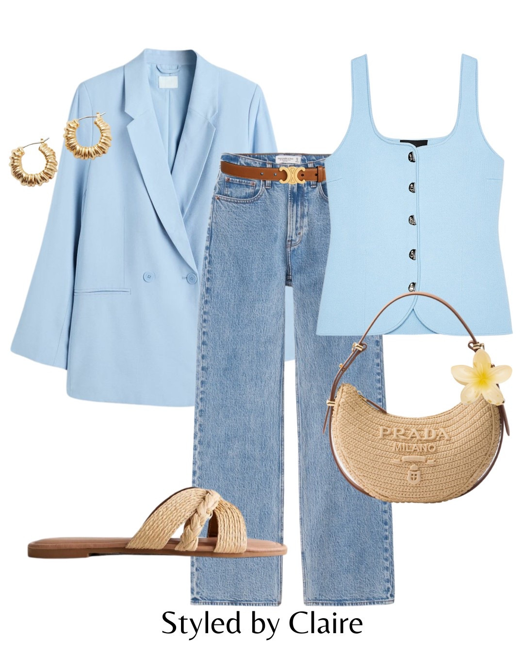 Baby blue styling🦋
Tags: oversized blazer H&M Abercrombie curve love high waist jeans Celine belt Zara waistcoat button detail Prada raffia bag hair claw sandals new look fashion spring summer inspo outfit ideas chic women’s style city break capsule wardrobe lighter tones pastel

#LTKspring #LTKstyletip #LTKsummer
