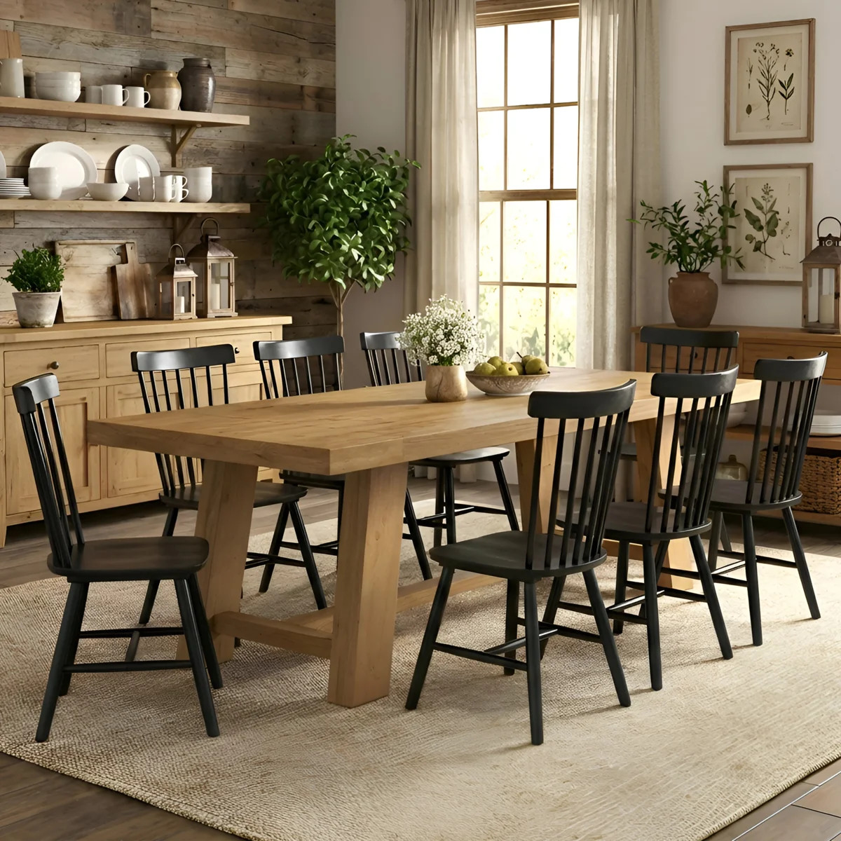 Solid Wood Dining Table Set, Rectangular Distressed Pine Dining Table And Slat Back Windsor Dinin... | Wayfair North America