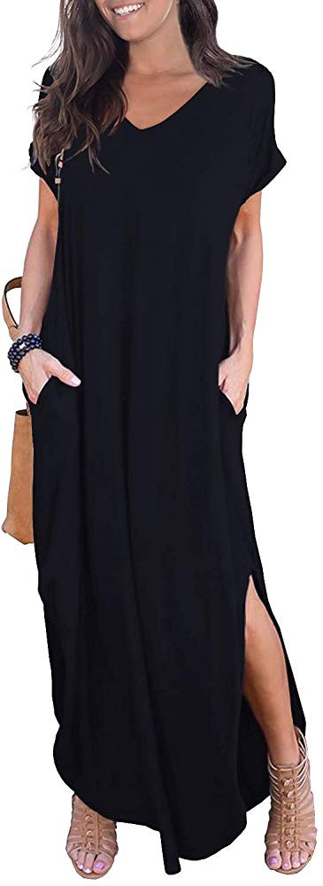 GRECERELLE Women's Casual Loose Pocket Long Dress Short Sleeve Split Maxi Dresses | Amazon (US)