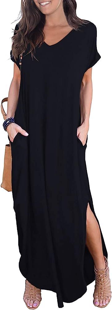 Women's Casual Loose Pocket Long Dress Short Sleeve Split Maxi Dresses | Amazon (US)