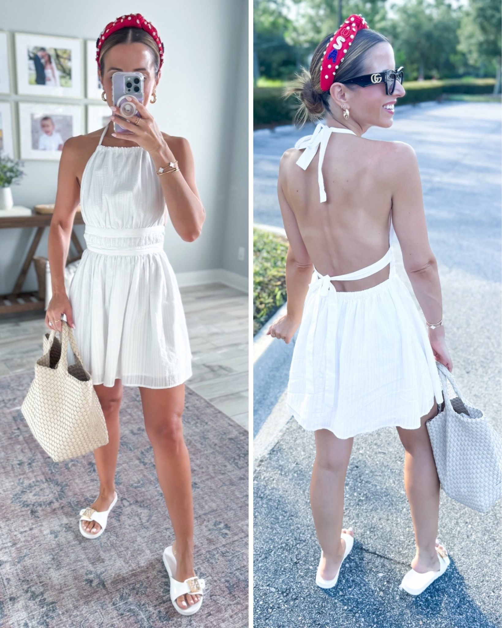 Target white dress. Resort wear. Vacation outfit. Summer outfit. 4th of July outfit. Summer dress. Resort dress. Tory Burch buckle slides. Naghedi tote in medium, color ecru.

#LTKItBag #LTKTravel #LTKSummerSales