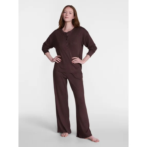 Joyspun Women's Cozy Lounge Collection Hacci Henley Top and Pants, 2-Piece Pajama Set, Sizes XS-3... | Walmart (US)