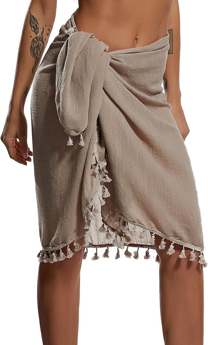 Eicolorte Beach Sarong Pareo Womens Semi-Sheer Swimwear Cover Ups Short Skirt with Tassels | Amazon (US)