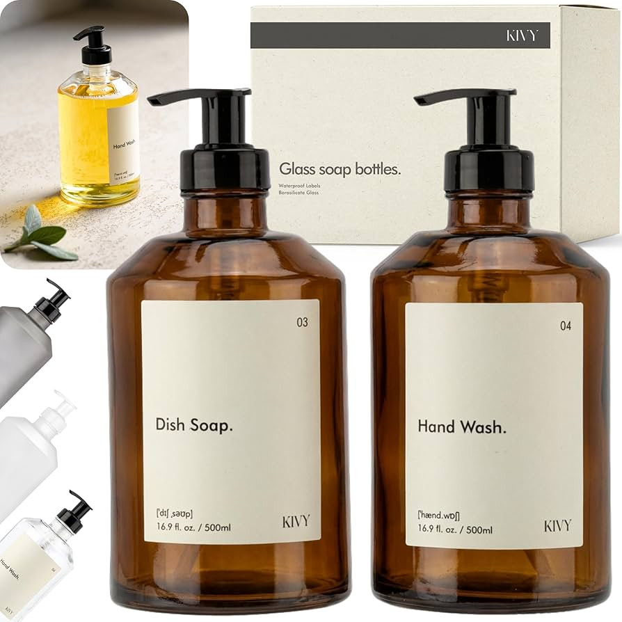 KIVY Glass Soap Dispenser Set [INCL. Waterproof Labels] - Brown Glass Soap Dispenser with Pump - ... | Amazon (US)