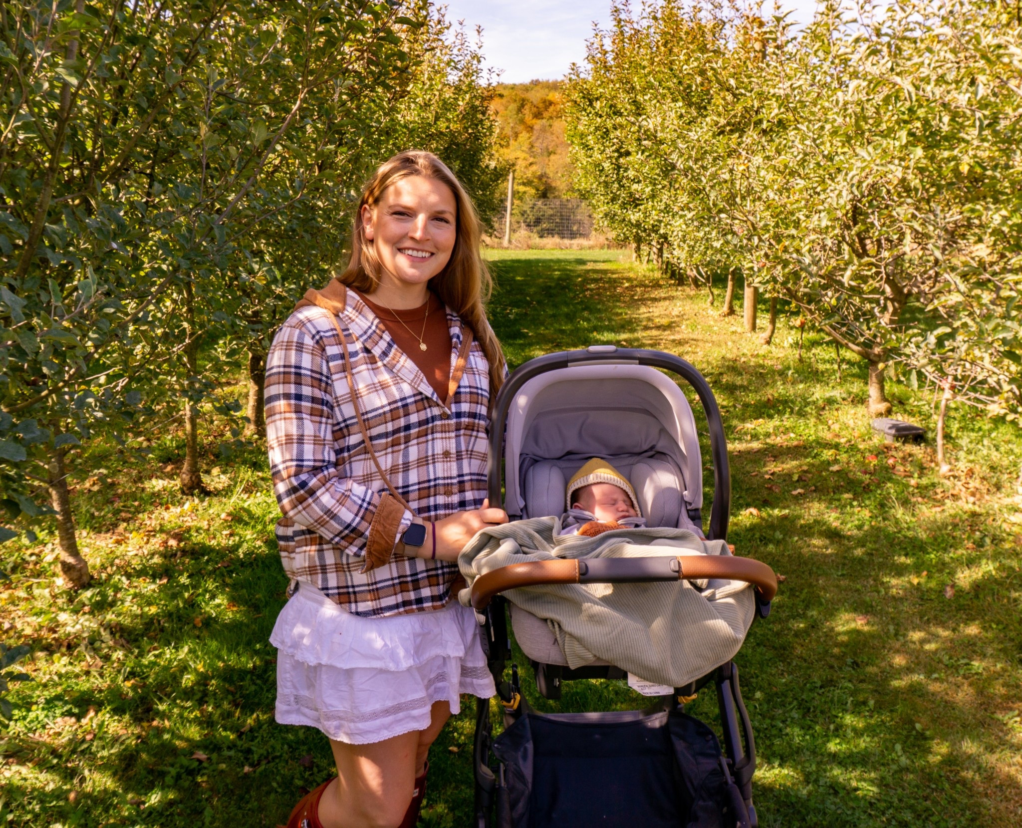 Two weeks postpartum, postpartum outfit ideas, elastic waist, skort, plaid, orange t shirt, perfect tee, stroller, newborn gear, hunter boots, red boots, apple picking outfit idea 

#LTKSeasonal #LTKFindsUnder100 #LTKShoeCrush