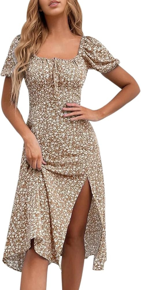 SPRIME Women's Floral Summer Casual Dress Square Neck Puff Sleeve Boho Midi Dresses Ruched Bust H... | Amazon (US)