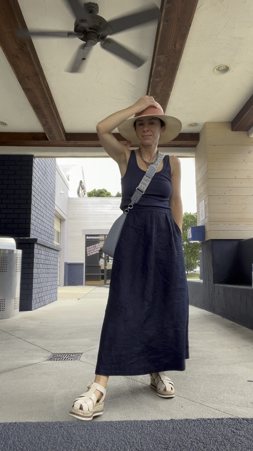 The car wash selfie LOL! I love this navy linen midi skirt because it pulls on and has subtle elastic in the back, but is not voluminous or flouncy. These are my go to sandals and Gardenia hat —I want every ribbon color. And I wear this new cord necklace w. the puffy 💗 charm all the time! Light and happy for summer.
