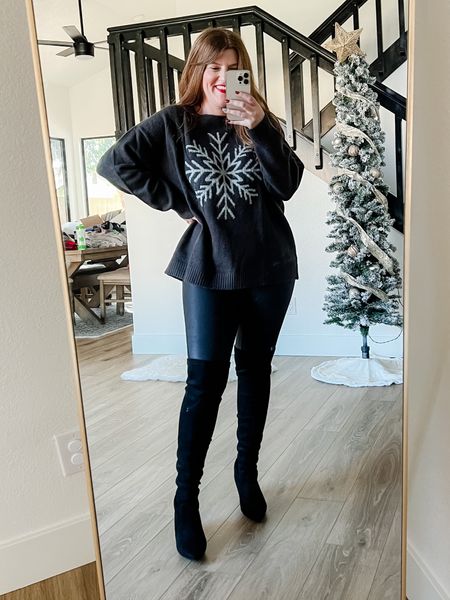 Holiday outfit. Walmart sweater wearing size 1X. Faux leather leggings from spanx. Over the knee boots. 

#LTKstyletip #LTKsalealert #LTKunder50
