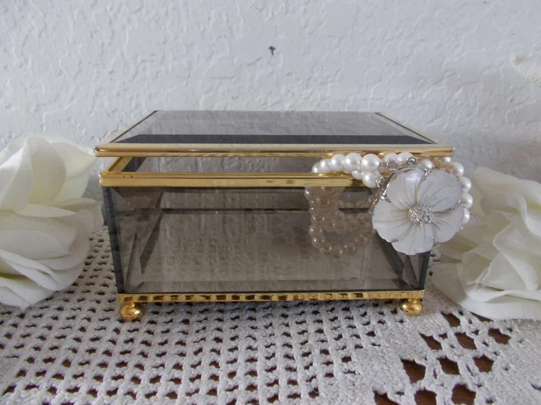 Vintage Floral Smoky Black Glass & Gold Jewelry Box Midcentury Hollywood Regency Paris Apartment ... | Etsy (US)