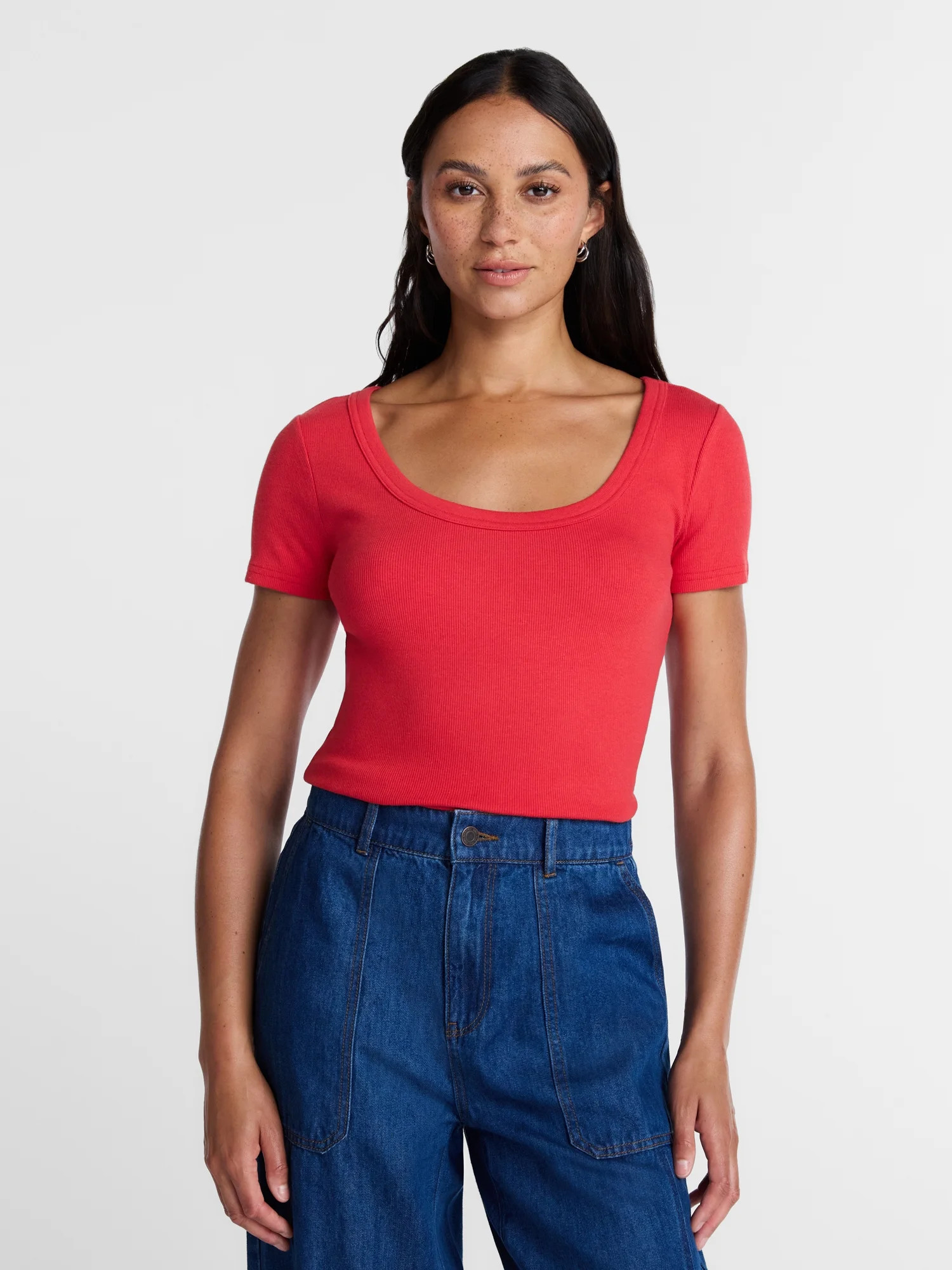 Time and Tru Women's Ribbed Scoop Neck Tee with Short Sleeves, Sizes XS-XXXL | Walmart (US)