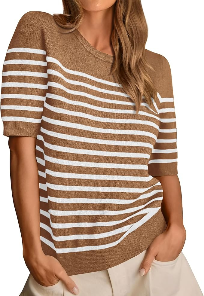 Amkoyam Women's 2024 Short Sleeve Crew Neck T Shirts Casual Striped Ribbed Knit Pullover Sweater ... | Amazon (US)