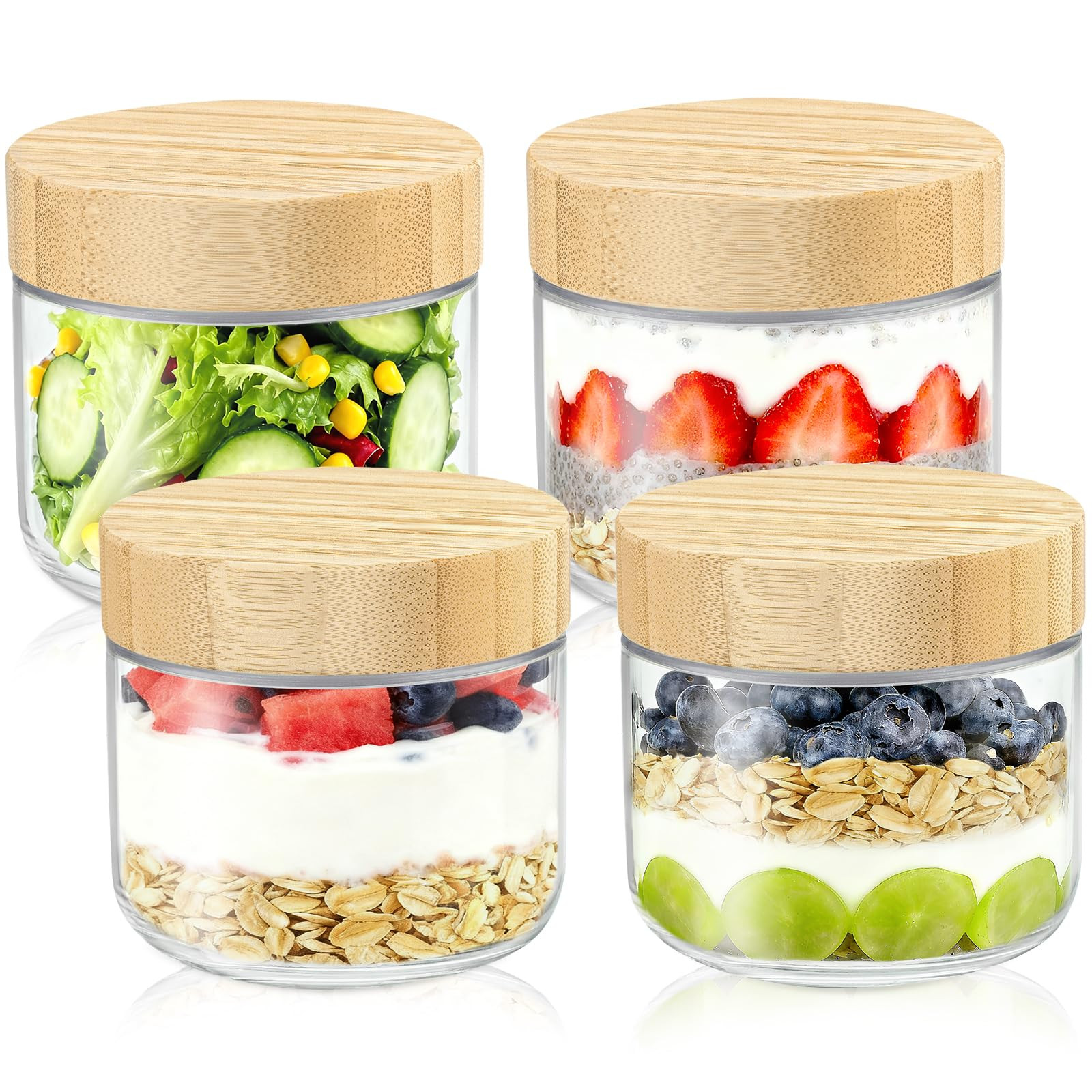 DRKIO 10 Oz Overnight Oats Containers with Bamboo Lids - 4 Pack Glass Storage Jars with Airtight ... | Amazon (US)