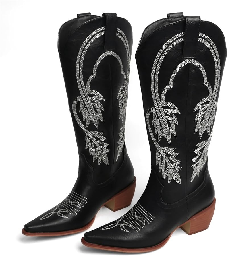 Cowboy Boots For Women Black Cowgirl Boot Wide Calf Knee High Western Booties High Heel Comfy Emb... | Amazon (US)