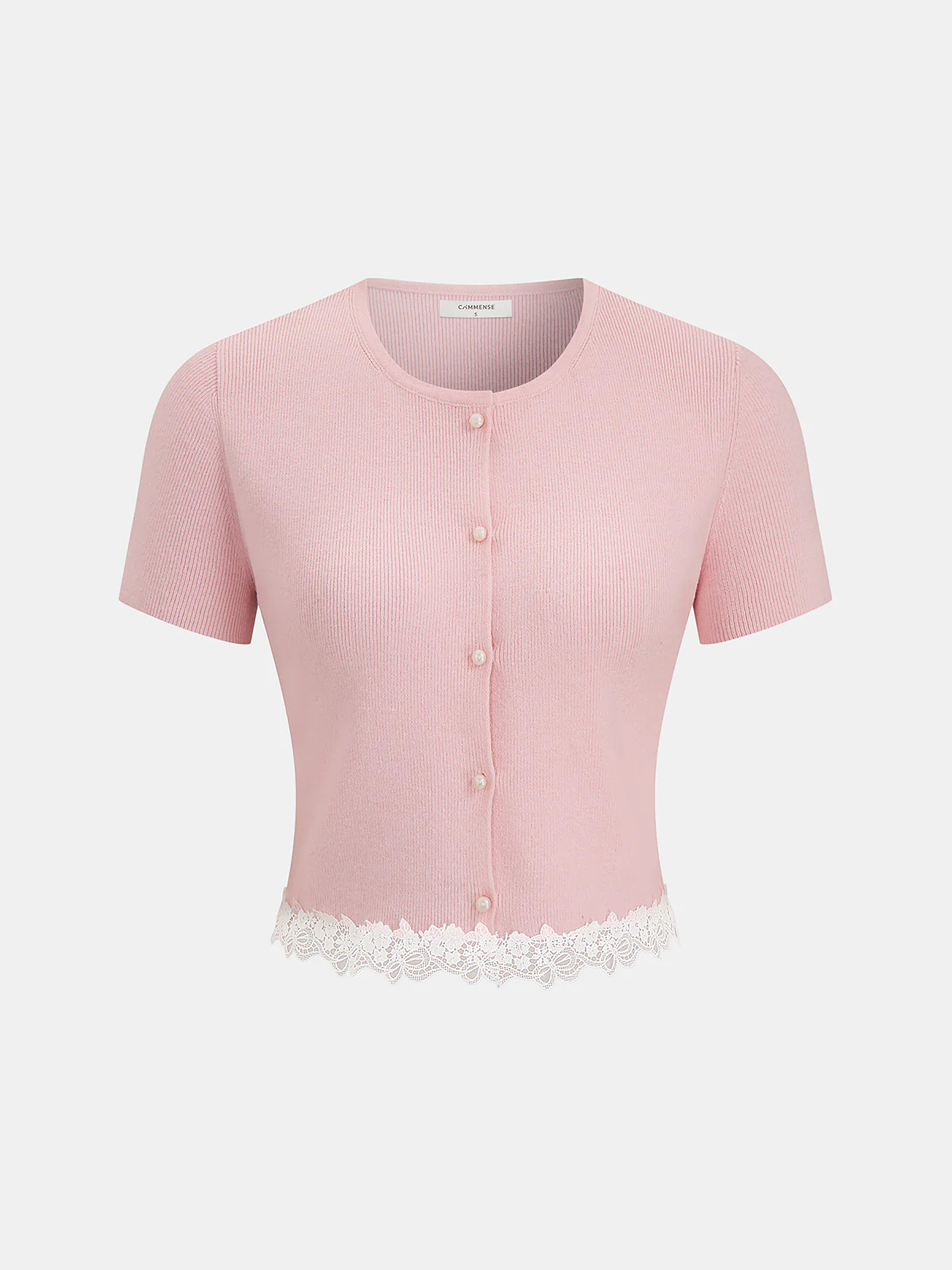 Ribbed Lace-Trim Short-Sleeve Cardigan | Commense
