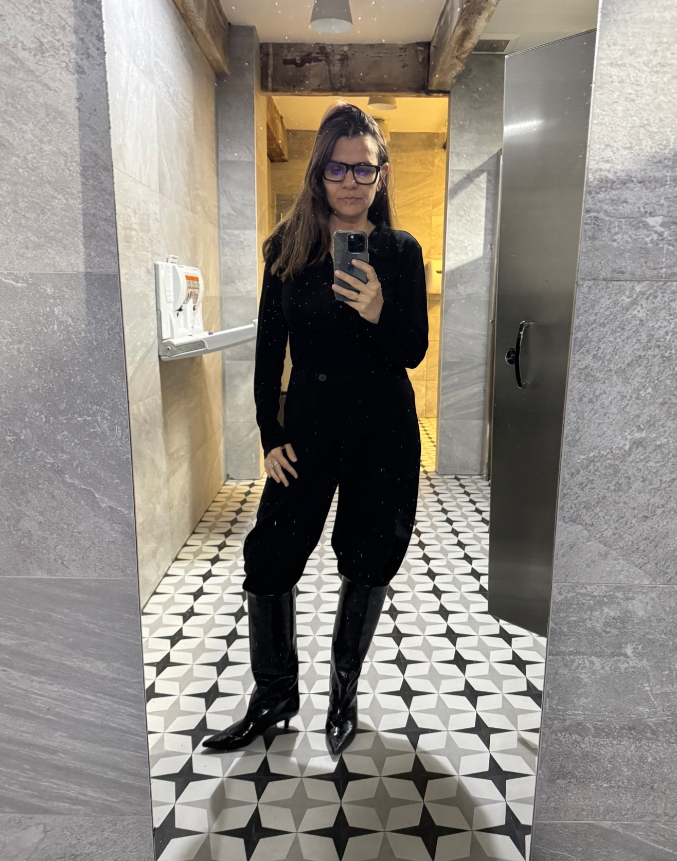 Fall office outfit ideas with all black look. Black jersey polo shirt with wrapped trousers from Massimo Dutti with snake skin leather boots with YSL bluelight glassess, kitten heel boots

#LTKFindsUnder100 #LTKWorkwear #LTKSeasonal