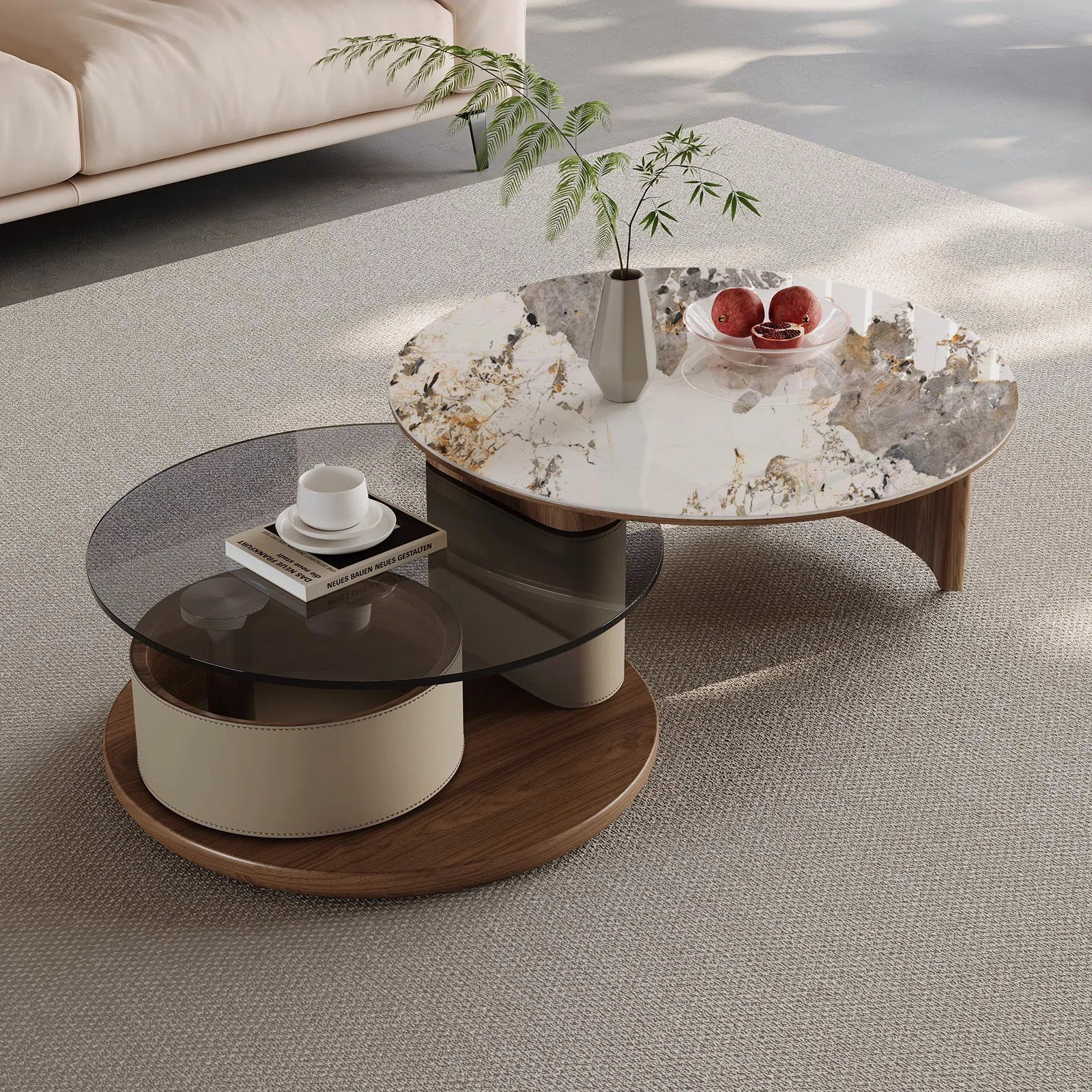2-Piece Rotating Nesting Coffee Table Set with Sintered Stone Top and Glass Table with Hidden Dra... | Wayfair North America