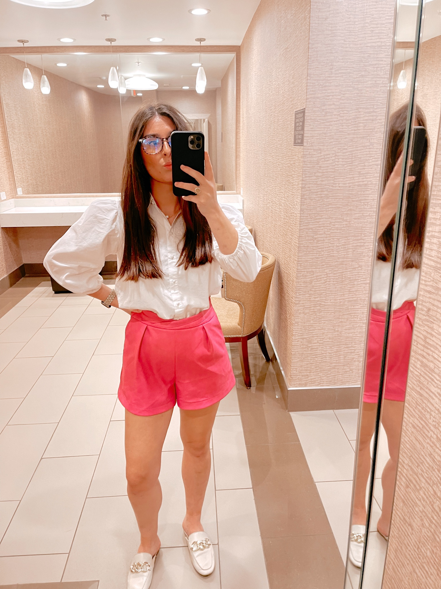 Working Barbie era 🎀🩷👛💐

Shorts are a small. Shoes are Target. Top is a small. Glasses are blue light from Amazon. 

#Barbie #workfit #ootd #amazonfind #amazon #pink #work #casual #businesscasual #girly #sleeves 

#LTKunder100 #LTKworkwear #LTKFind