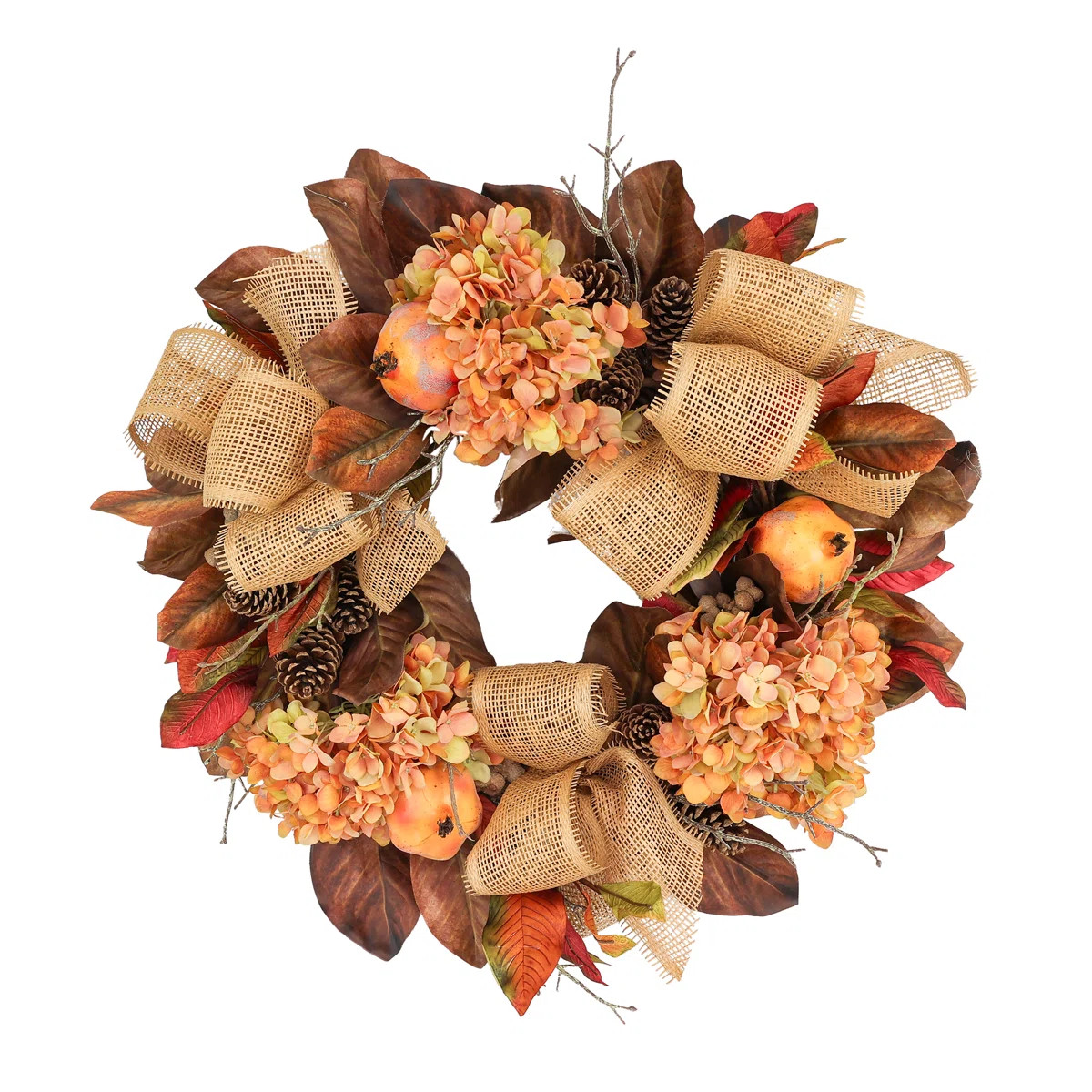 Alma 27" Fall Wreath with Pomegranates and Burlap Bows | Wayfair North America