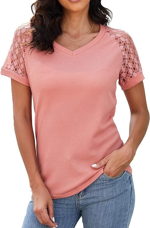 Exsuirpe Womens Hawaiian Shirts Dressy Casual Crew Neck T Shirt Sleeve Tops | Amazon (US)