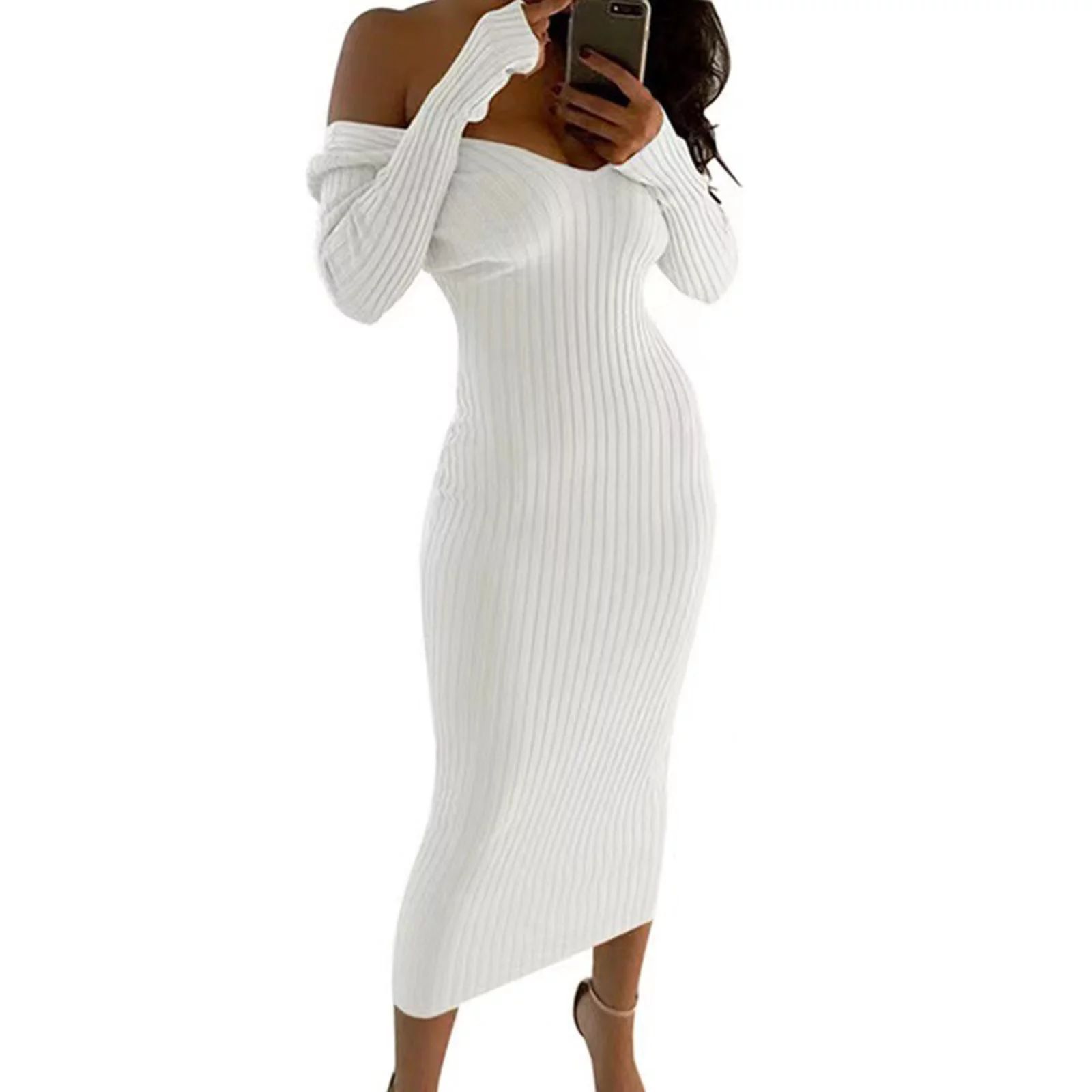 Outfmvch Sexy Dress For Women Off The Shoulder Long Sleeve Ribbed Knit Midi Dress White S - Walma... | Walmart (US)